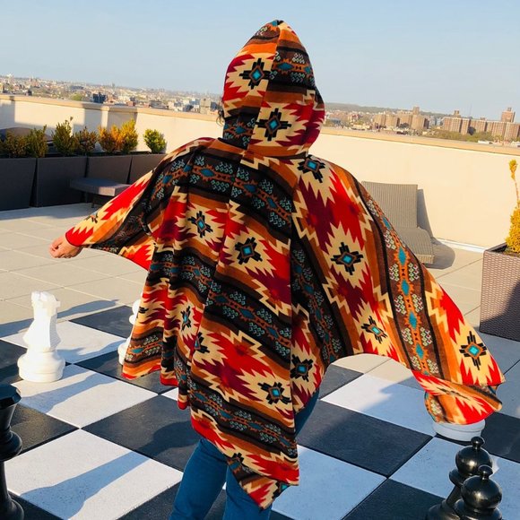 ZooFleece Orange Southwestern Aztec Tribal Indian Hooded Women’s Poncho Cape - Picture 4 of 5